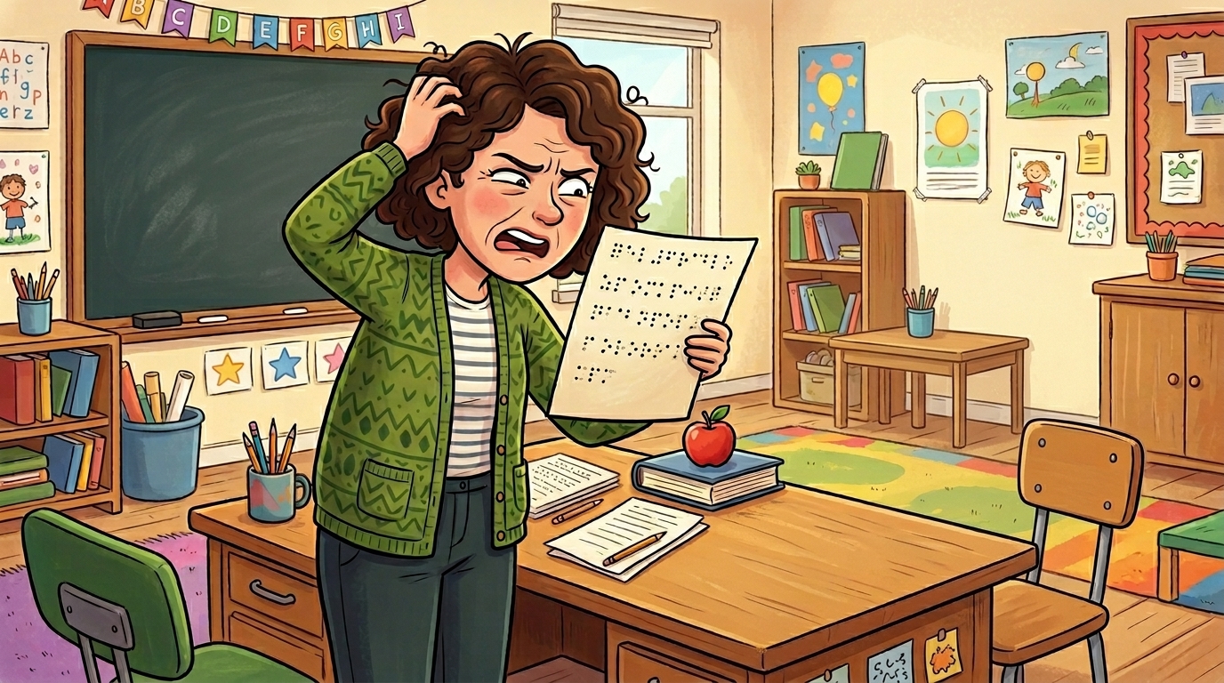 Teacher puzzling over a Braille exam while the student waits