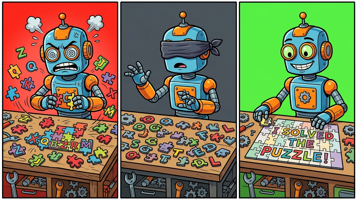 Three attempts: random pieces, blindfolded, clear vision