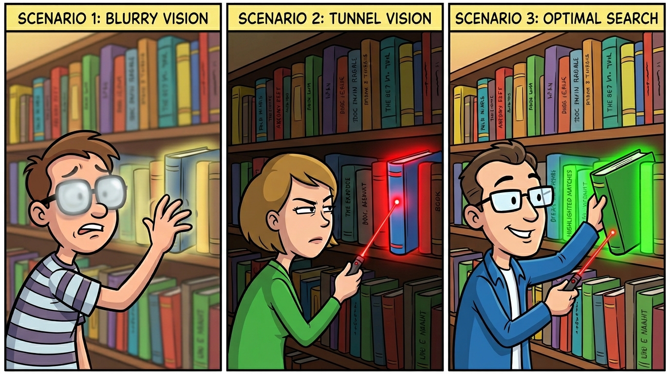 Dense search sees the general area but blurry. Sparse search hits one exact match but misses context. Hybrid search combines both for the right result.